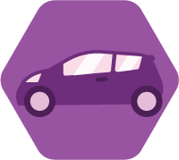 purple graphic depicting a side-view of a hatchback within a hexagon