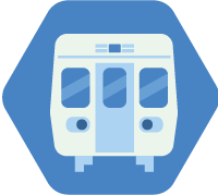 blue graphic depicting a front-view of a subway train within a hexagon